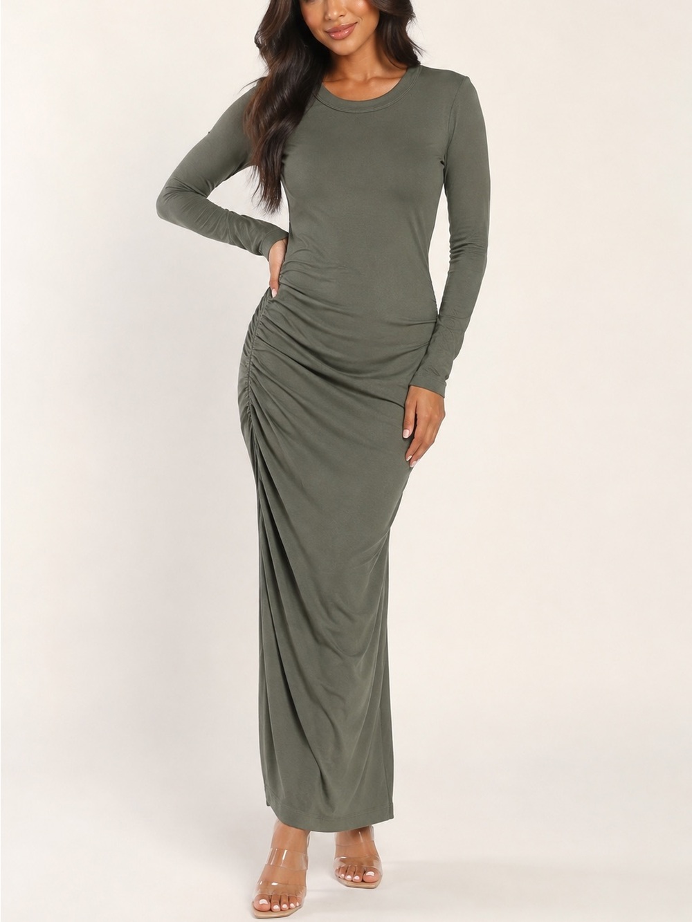 Michael Stars Olive Green Ruched Long Sleeve Maxi Dress Bodycon Stretch. Size M